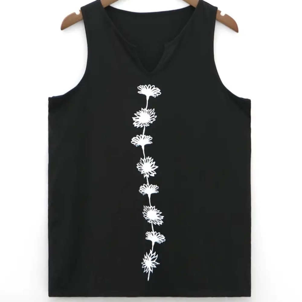 NEW Black scoop neck tank with split, white thistle on front.  Size XL